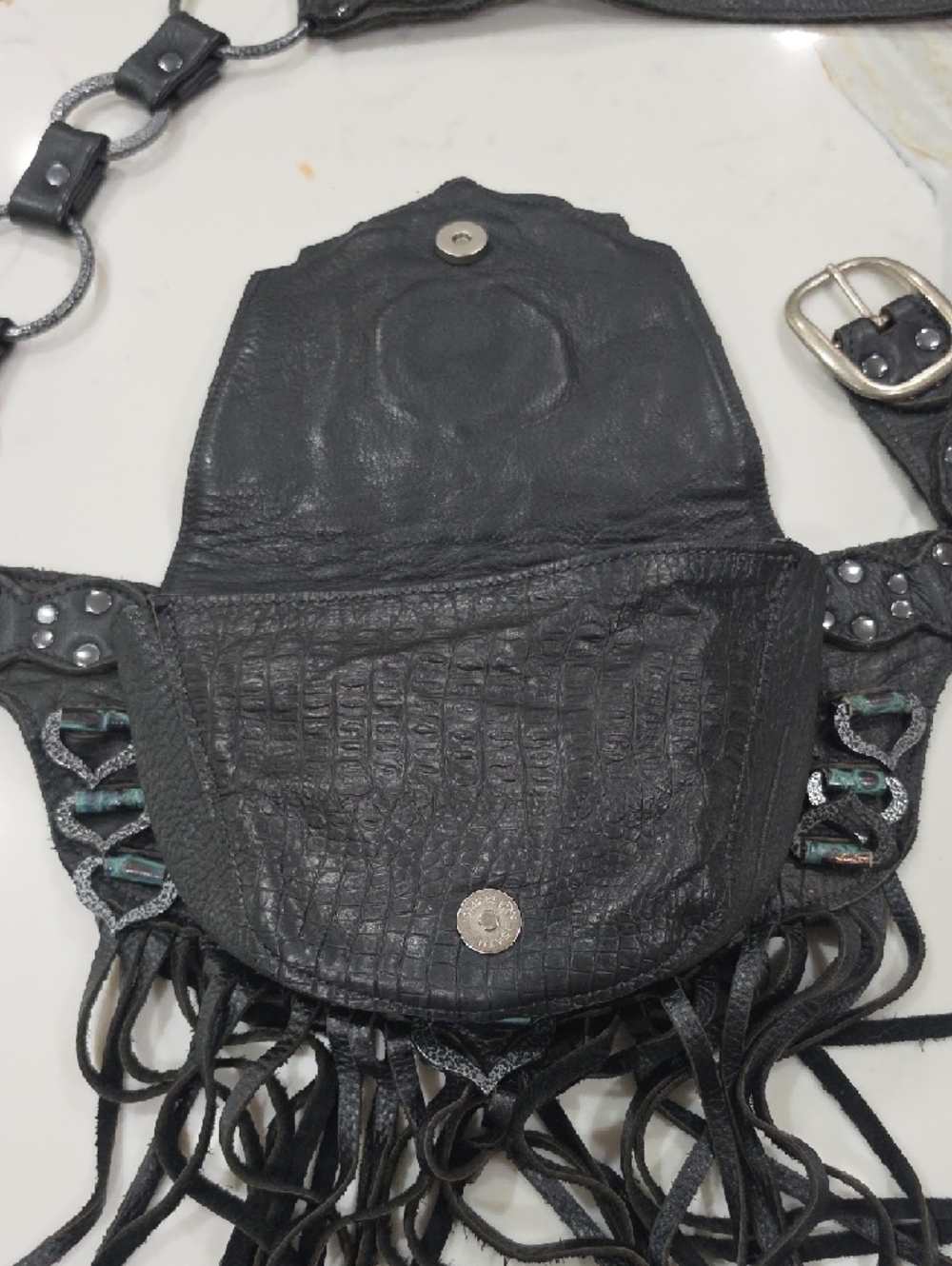 Black Fringe Leather Hip Belt with Decorative Rings - Picture 5 of 7